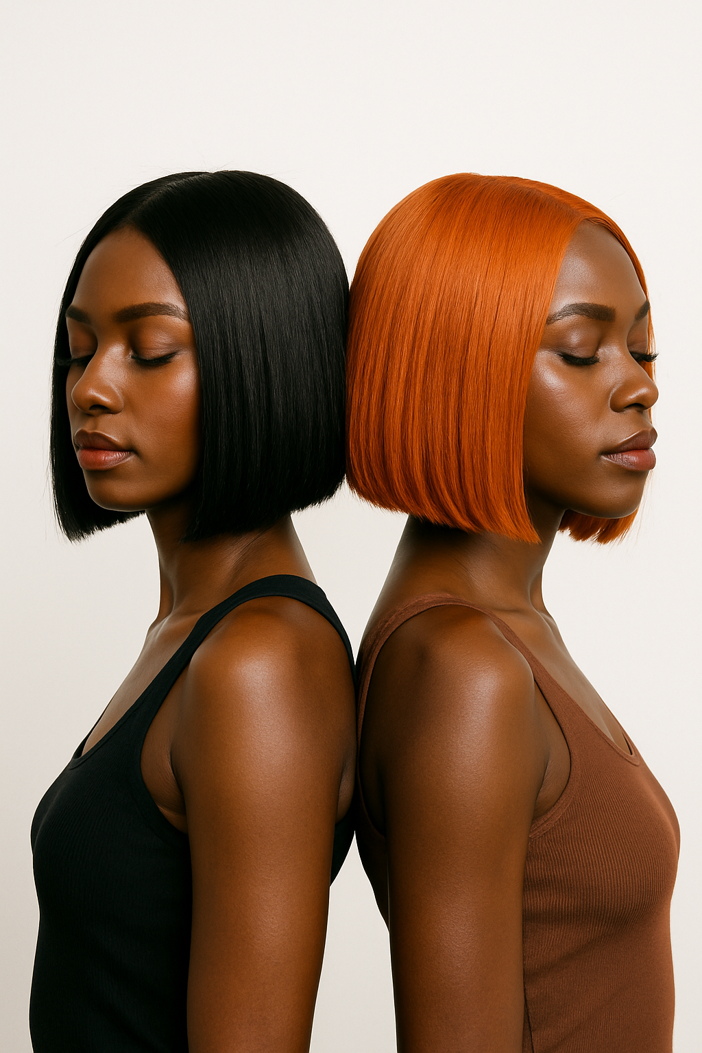 Models standing back-to-back wearing bob wigs