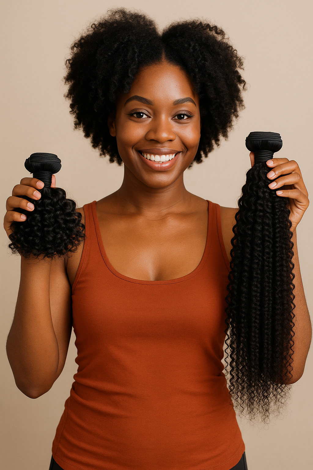 Model holding up hair bundles
